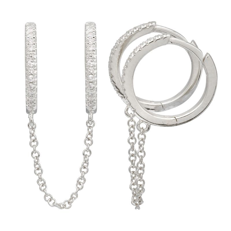 WHITE GOLD DOUBLE HUGGIE CHAIN EARRINGS (SOLD AS A SINGLE)